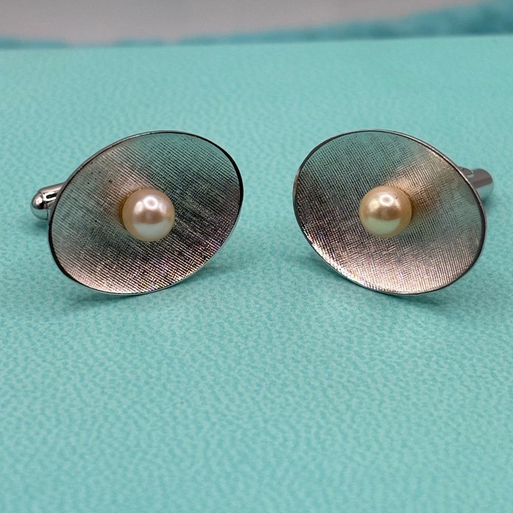 Sterling Silver Genuine Pearl Cuff Links Cufflinks Vintage Oval Authentic